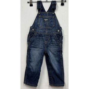OSHKOSH B’GOSH Overalls Size 12 Months Dark Denim Blue Fleece Lined Diaper Snaps